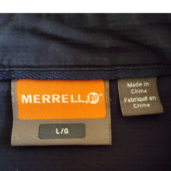 MERRELL navy blue button front down short sleeve pocket casual outdoorsy shirt L - Picture 7 of 9